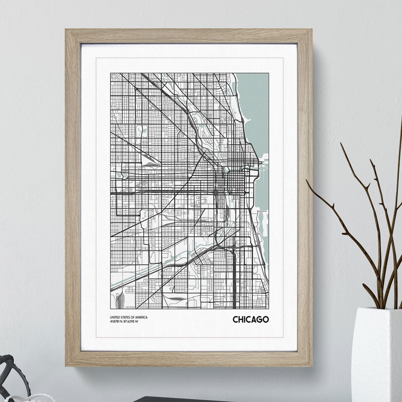 Map Chicago USA - Picture Frame Graphic Art, 48cm H x 36cm W x 2cm D, Oak Framed
