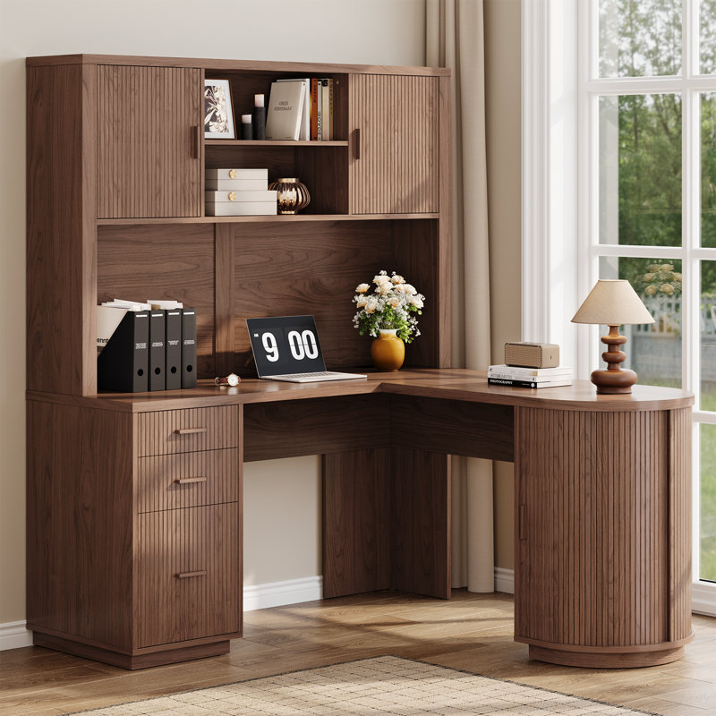 71" L-Shaped Executive Credenza Desk With Hutch And 3 Drawers, Wooden Tambour Home Office Computer Desk With File Drawer & Charging Station