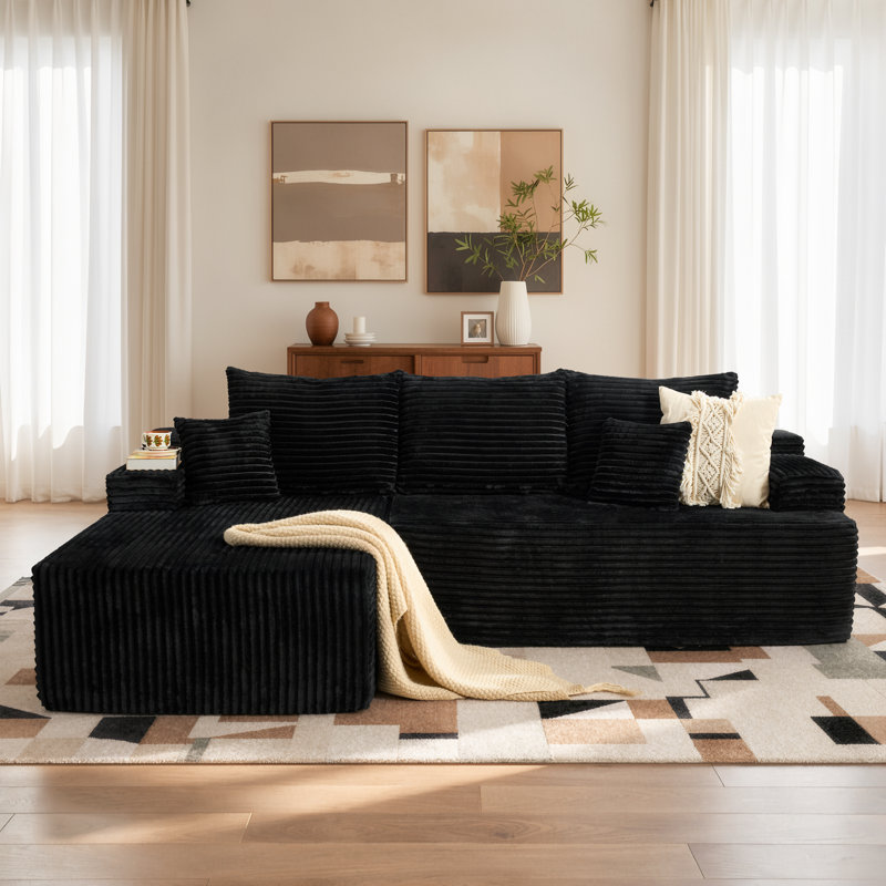 Navarrie No Assembly Required - 2 Piece Free Combination Compression Sectional, Black Faux Fur, Left Chaise Facing