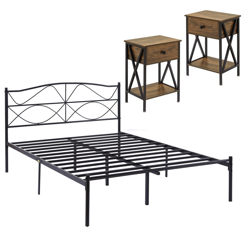 Ensemble de chambre configurable avec lit plateforme en fer, Brun, Double