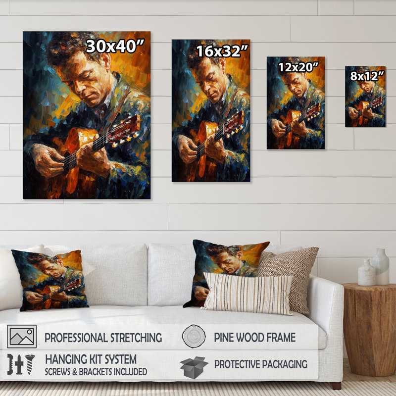 Musicien jouant de la guitare I sur toile, H 40 po x l 30 po x P 1,5 po, Cadre d'angle fermé noir