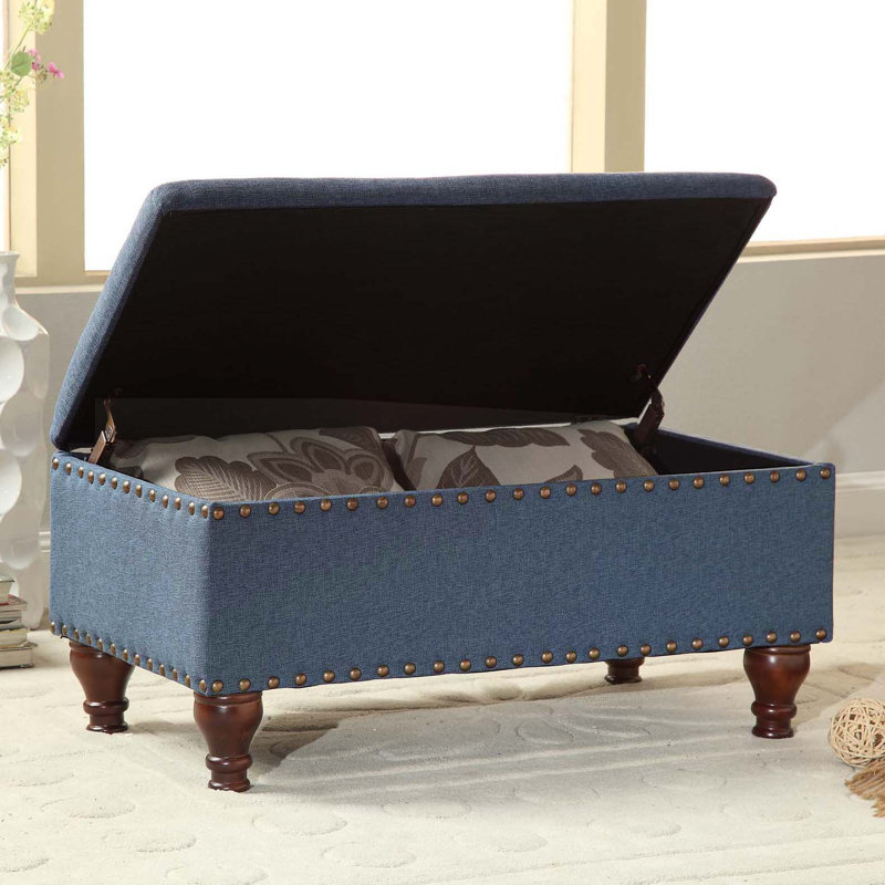 Banc de rangement rembourré avec plateau rabattable Griffiths, Bleu céruléen, H 16,75 po x l 35,5 po x P 19,5 po