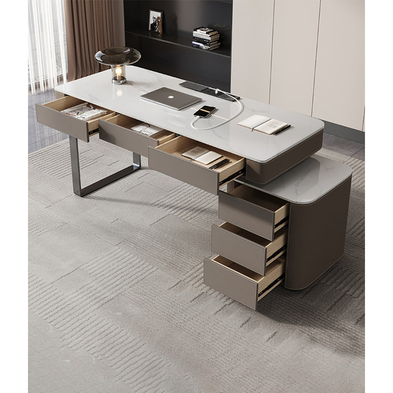 Bureau de luxe léger avec cuir de selle et plateau en pierre frittée, 29.53" H x 70.87" W x 27.56" D