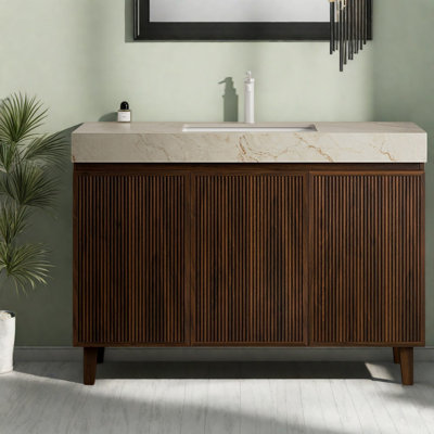 Meuble-lavabo moderne (avec meuble-lavabo et lavabo), meuble-lavabo à grain de bois noyer 48 po avec plateau en pierre frittée