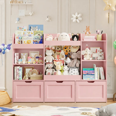 61" W Kids Toy Storage Organizer With Bookshelf, Toy Organizer With Stuffed Animal Storage, 3 Movable Toy Box, 4 Storage Compartments And 3-tier Book