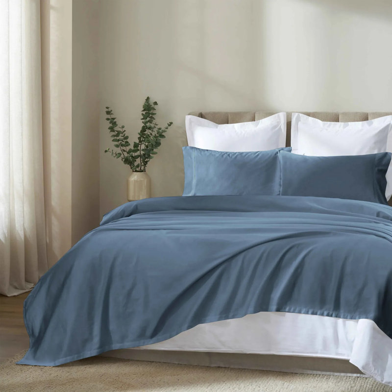Ensemble de draps en satin de coton Blue Nile Mills - Literie à poches profondes, Lit simple, Bleu denim