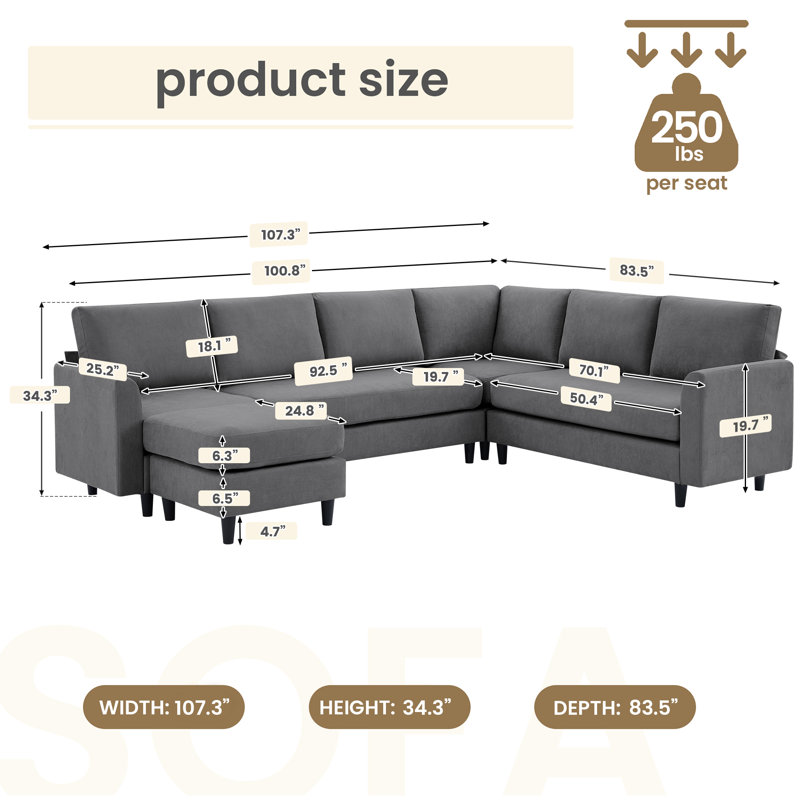 Lyles 107.3" Sectional Sofa With Armrest Black Legs And Moveable Ottoman Seater For 7, Teal Fabric
