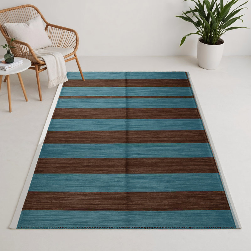 Tapis intérieur / extérieur bleu HorizontalStripes, Rectangle 5 pi x 7 pi