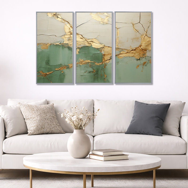 «Green Gold Minimalisme Poteries», ensemble d'art sur toile à spirales abstraites, H 32 po x l 48 po, Cadre argenté flottant