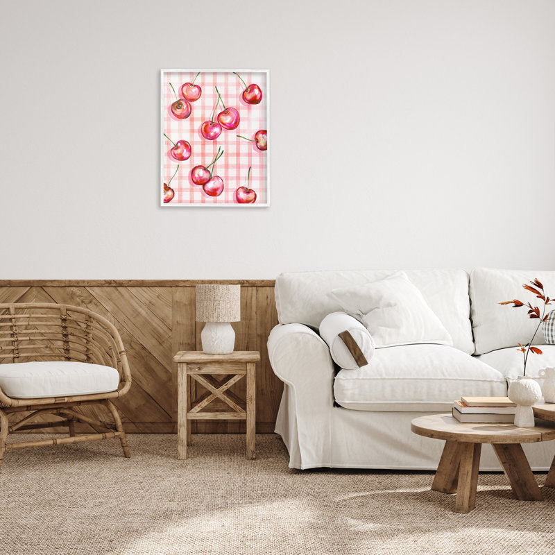 «Gingham», cerises, estampe numérique encadrée par Ziwei Li, Estampe numérique encadrée blanc bord de mer, H 30 po x l 24 po