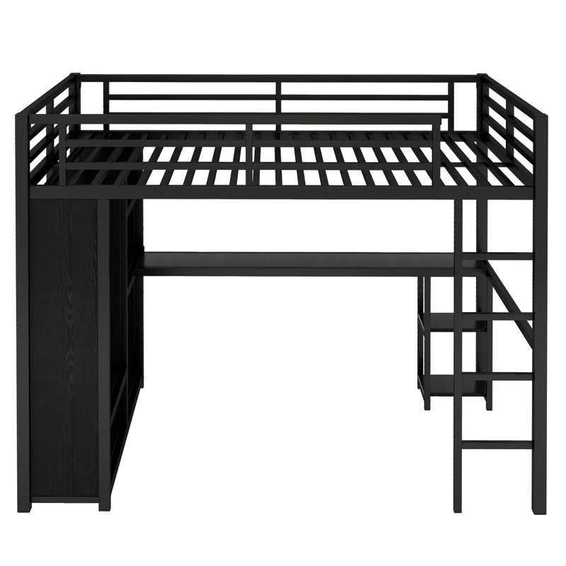 Queen size metal loft bed frame with built-in wardrobe, desk, and storage shelves, space-saving design, black