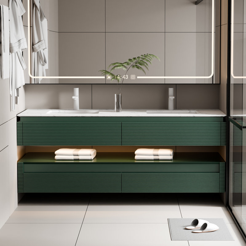 60'' Modern Solid Oak Floating Bathroom Vanity With Artificial Stone Countertop And LED Night Light, Green