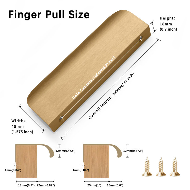 Cabinets Handles 6 Pack 4.72" Curved Edge Finger Pulls Matte Black, 6.30", Gold