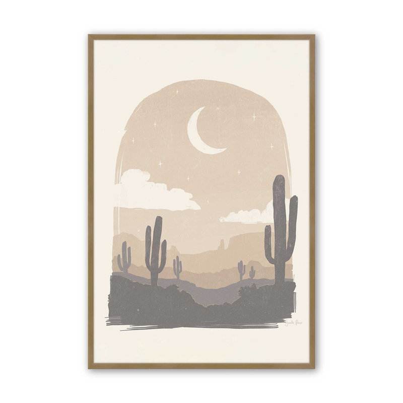 Reproduction sérénade pâle de la lune du désert sur papier mat d'archives, Cadre doré brossé, H 17,25 po x l 13,25 po