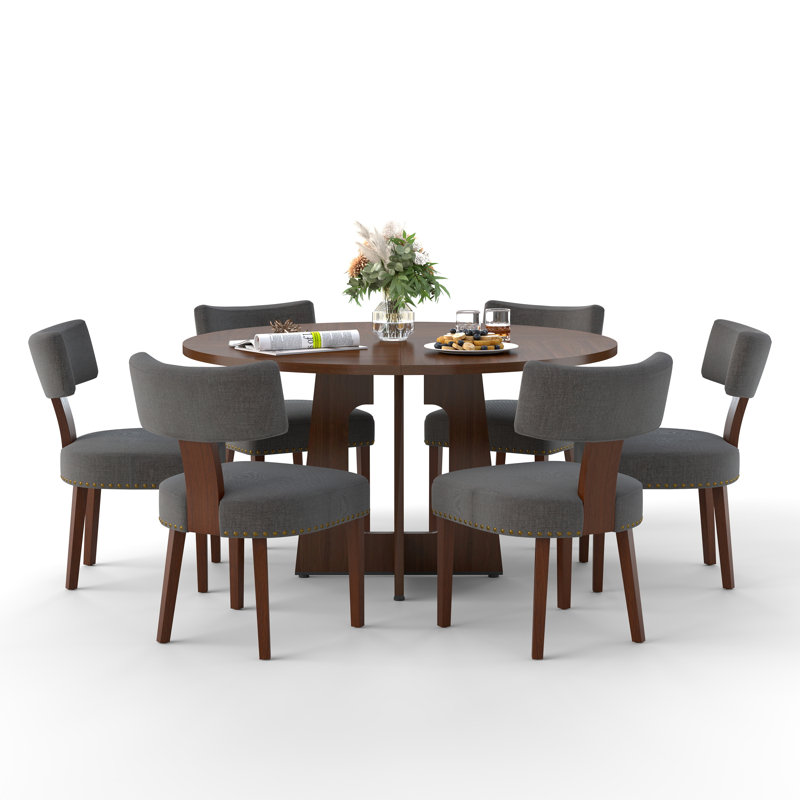 Table de salle à manger ronde 47,24 po en bois aggloméré avec chaises en lin tissé 4/6 po, Farmhousefor Kitchen, Noyer, Noir