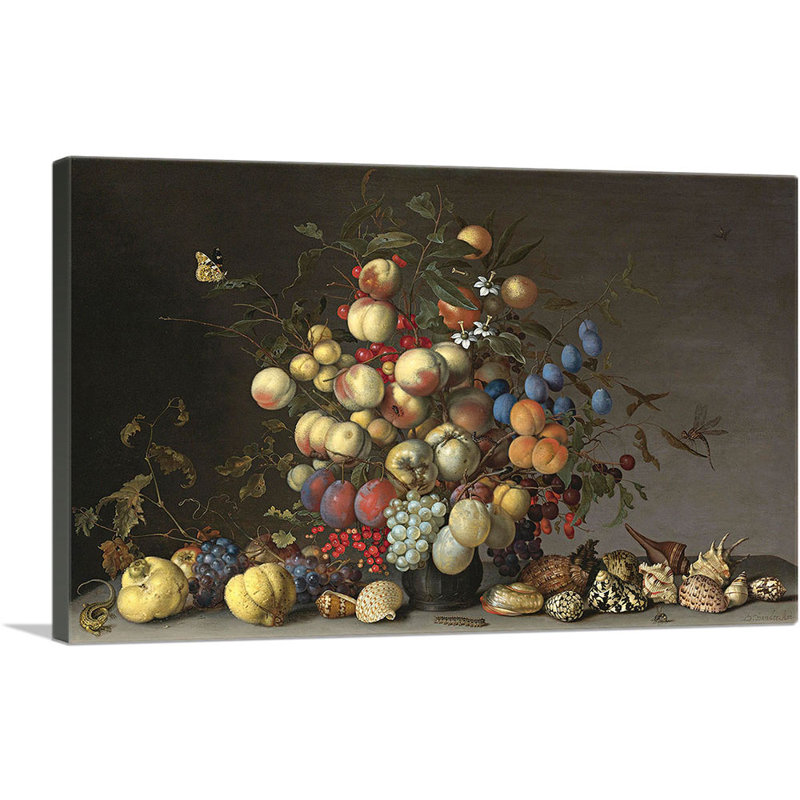 «Pêches et fruits dans un vase en étain» par Balthasar van der Ast - impression sur toile tendue
