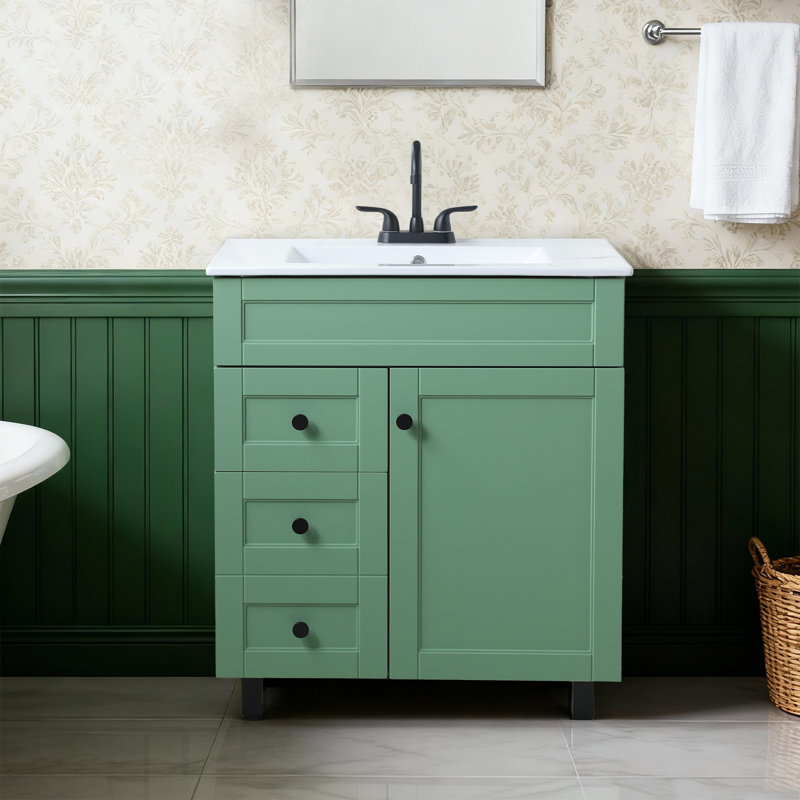 Ensemble de meuble-lavabo simple autoportant moderne 30 po avec plateau en céramique Taziyah, Vert