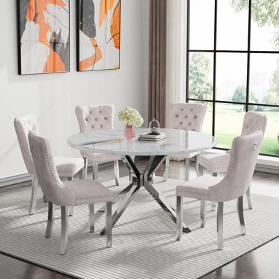 Round Dining Table Set, White Marble Dining Table & Velvet Dining Chairs with Stainless Steel Pedestal, 45" Dining Room Table and Chairs Set, Luxury Dining Table Set