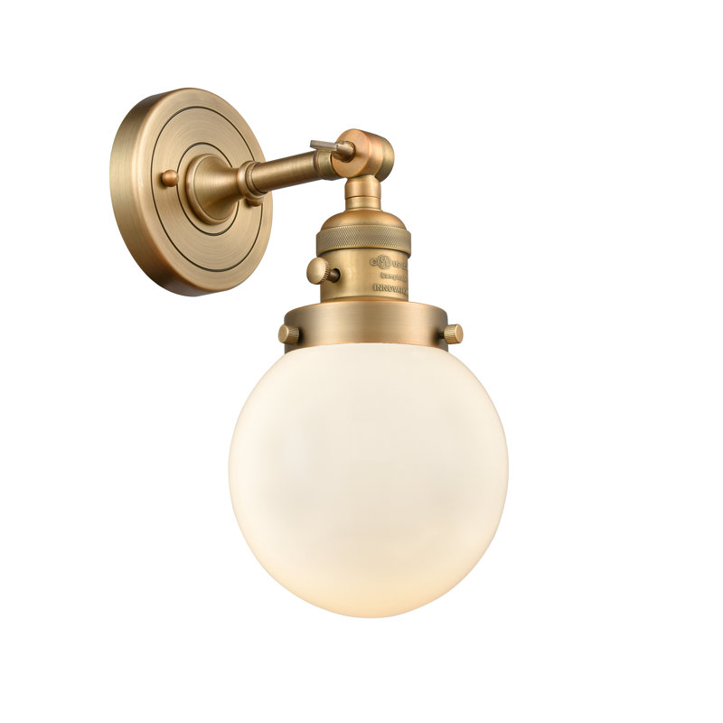 Cleorand Armed Sconce, 60 Watt Vintage Incandescent Bulb, Matte White Cased, Brushed Brass
