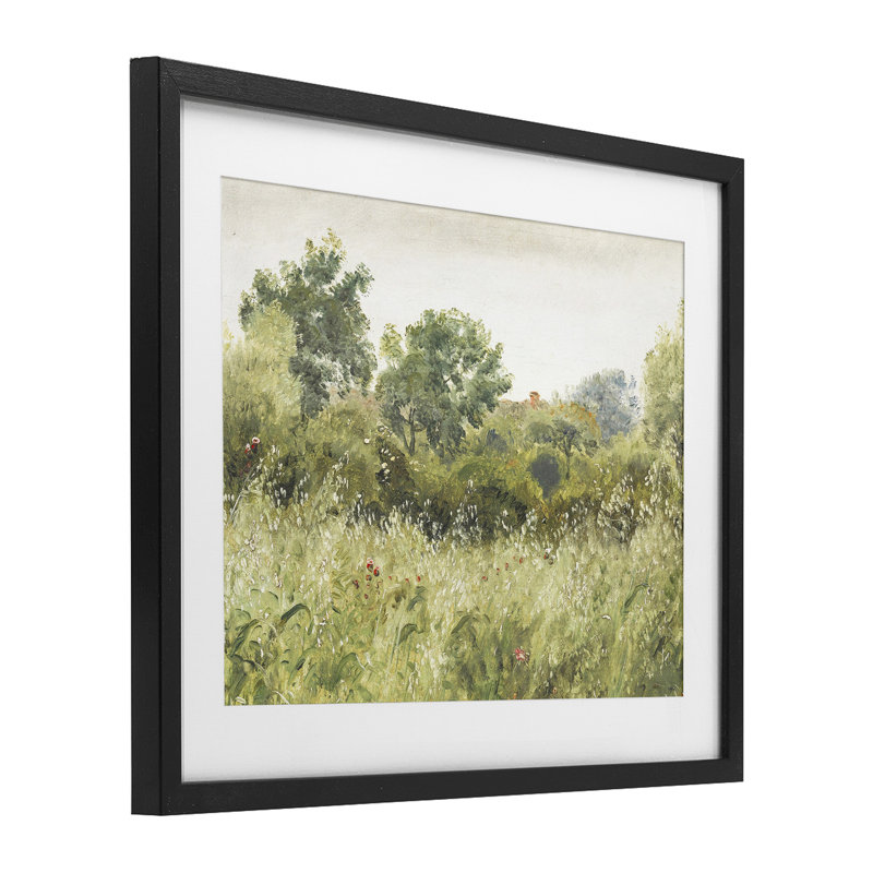 Reproduction sous verre rétro encadrée d'arbres et de champs, conception par Leah Straatsma, H 13 po x l 16 po