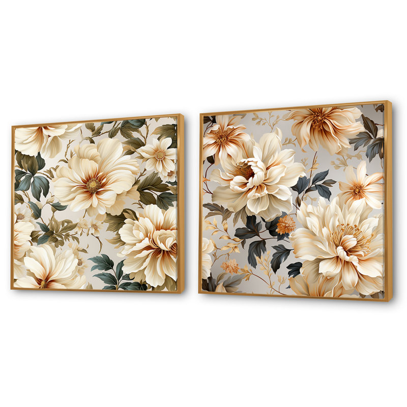Loucas - Ensemble de 2 collages floraux carrés, H 16 po x l 33 po, Cadre flottant doré