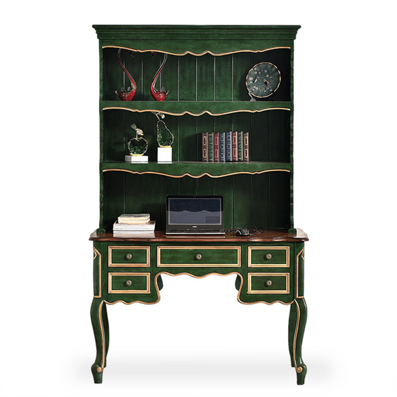 Bureau vert français avec rehausse et cinq tiroirs