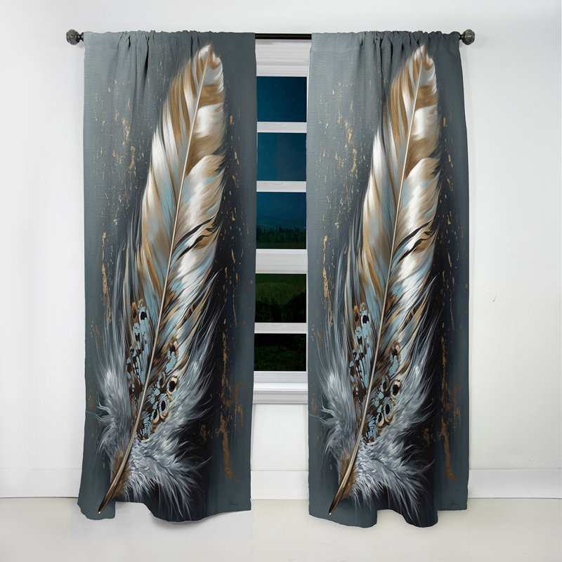 Gold Feather Wanderlust IV - Glam Feather Curtain - Blackout Floral Curtain - 1 Panels, 52" W x 95" L