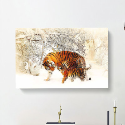 Mother Tiger And Cub In Winter - Wrapped Canvas