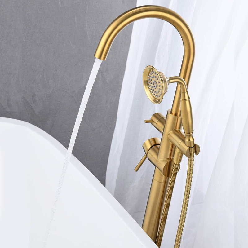 2 Handle Floor Clawfoot Tub Faucet with Diverter, Brushed Gold