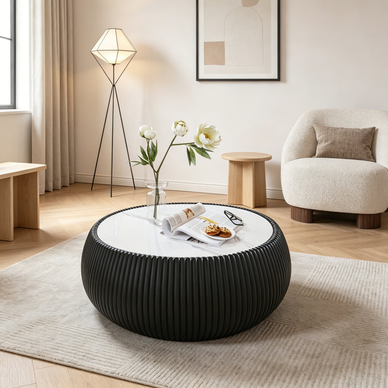 Table basse cylindrique avec base robuste, Black PU,Gold+White,Grey