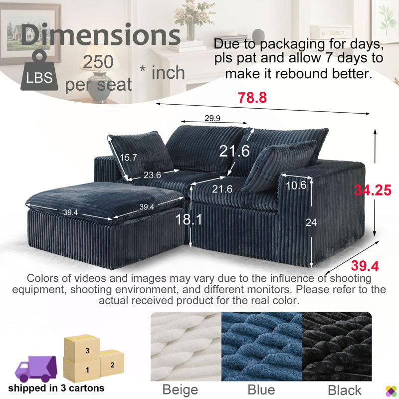 Coussin de siège modulaire en velours côtelé modulaire de 78,7 po avec assemblage en duvet synthétique 10%