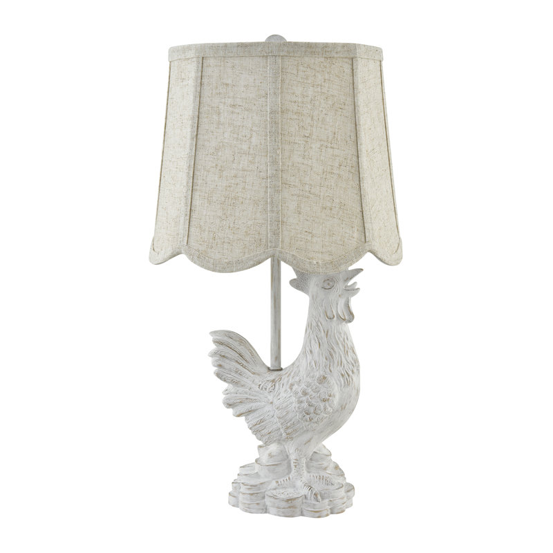 23" Bronze Resin Rooster Table Lamp With Linen Shade, White, Tan