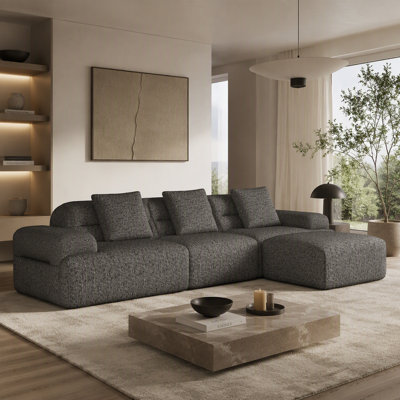 Canapé modulaire Modern Cloud, canapé en L compressé en forme de L avec repose-pieds, siège profond rembourré blanc crème, tissu en velours côtelé, sans assemblage requis pour le salon, gris