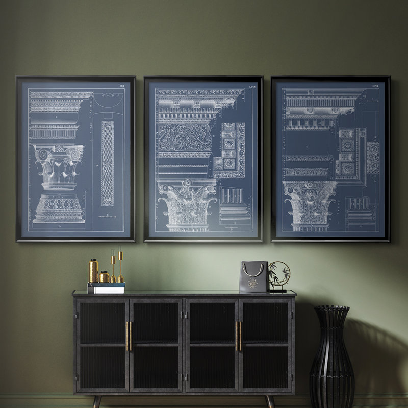 Colonne et corniche I - Toile tendue avec châssis sur mesure - 3 pièces, Noir, noir, noir, noir, H 30 po x l 63 po
