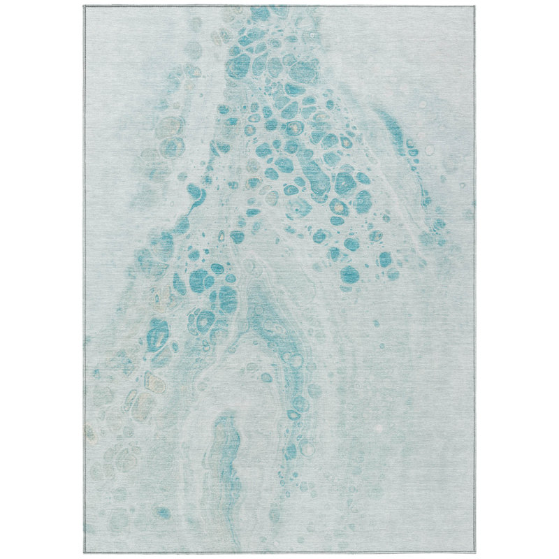 3' X 5' Teal Blue And Pale Aqua Abstract Washable Indoor Outdoor Area Rug