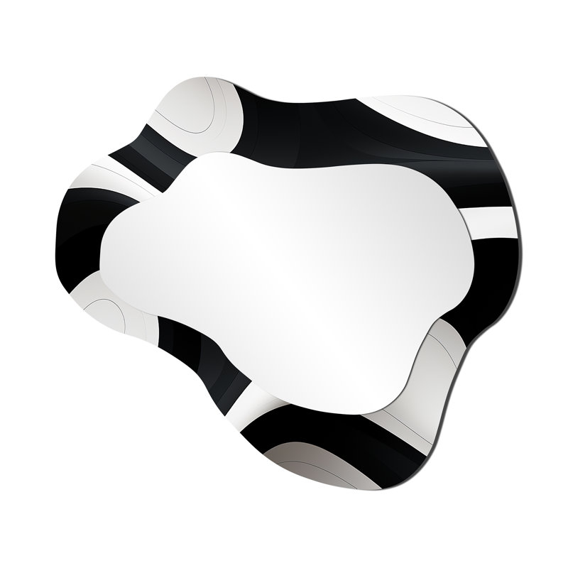 Orka Flows Minimal Black White - Waves Cloud Mirror, Black Asymmetrical Decorative Wall Mirror, Printed Metal Art, 25" x 28"