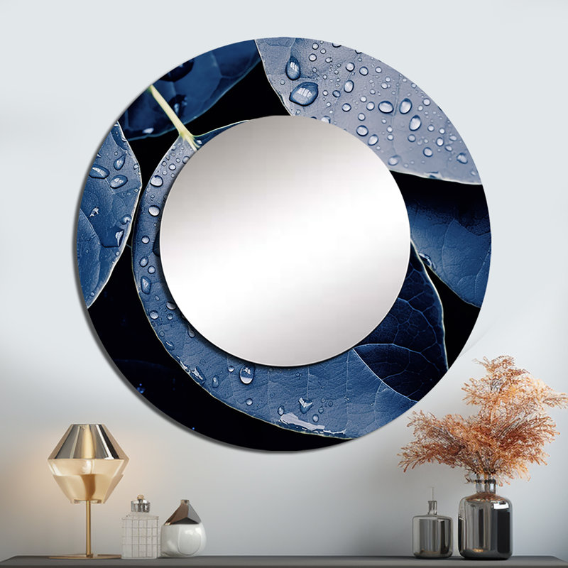 «Saito Blue Indigo Leaves Harmony», miroir mural à feuilles unique, miroir rond traditionnel, impression d'art en métal