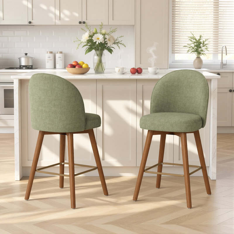 Tabouret de bar moderne à hauteur de comptoir avec dossier, revêtement en chenille verte, pieds non pivotants en bois d'hévéa avec finition noyer