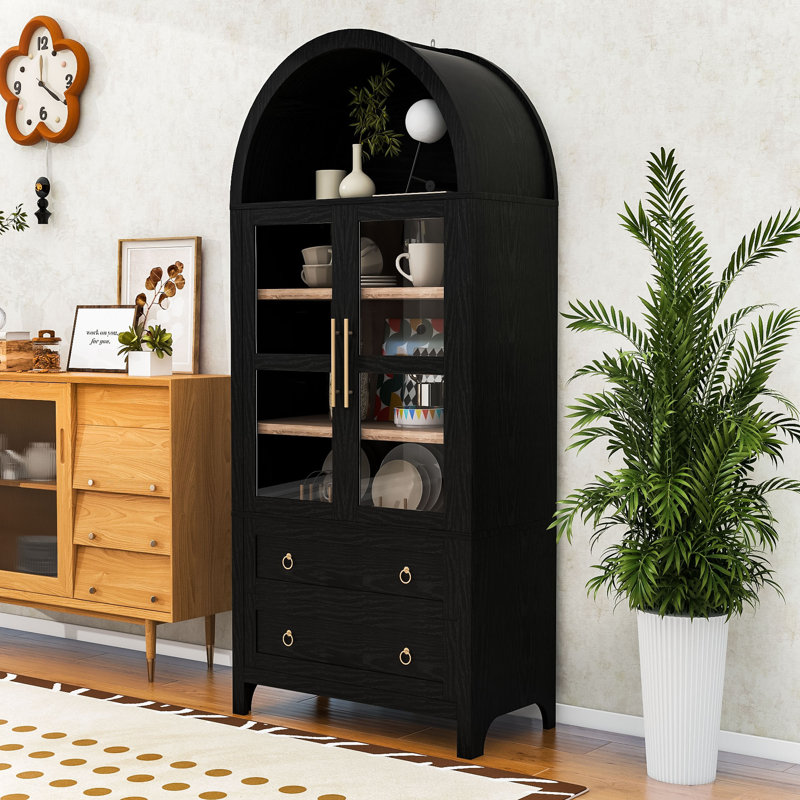 Grand garde-manger arqué avec tablettes réglables, 2 tiroirs et portes en verre, Noir mat