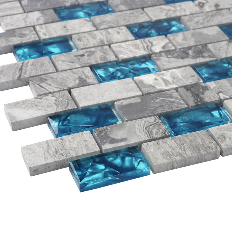 Teal Blue 1''x2'' Natural Stone/Glass Brick Joint Mosaic Wall Tile