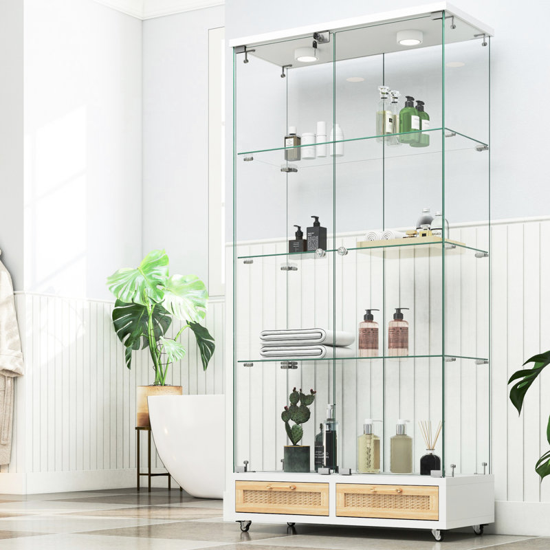 Petite armoire en verre trempé à 4 tablettes avec éclairage à DEL de 13 couleurs, rangement verrouillable et 2 tiroirs pour le bureau, la cuisine, les lumières de porte multifonctionnelles naturelles et élégantes