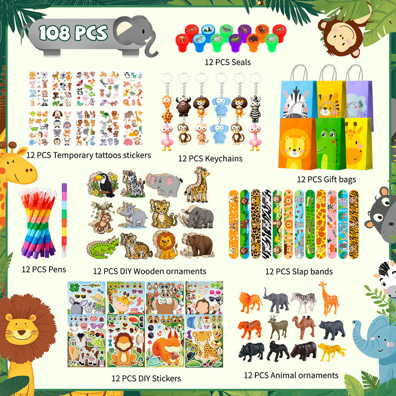 Animal Party Favors Fillers, ensemble de fournitures de fête 108 pièces Jungle Safari