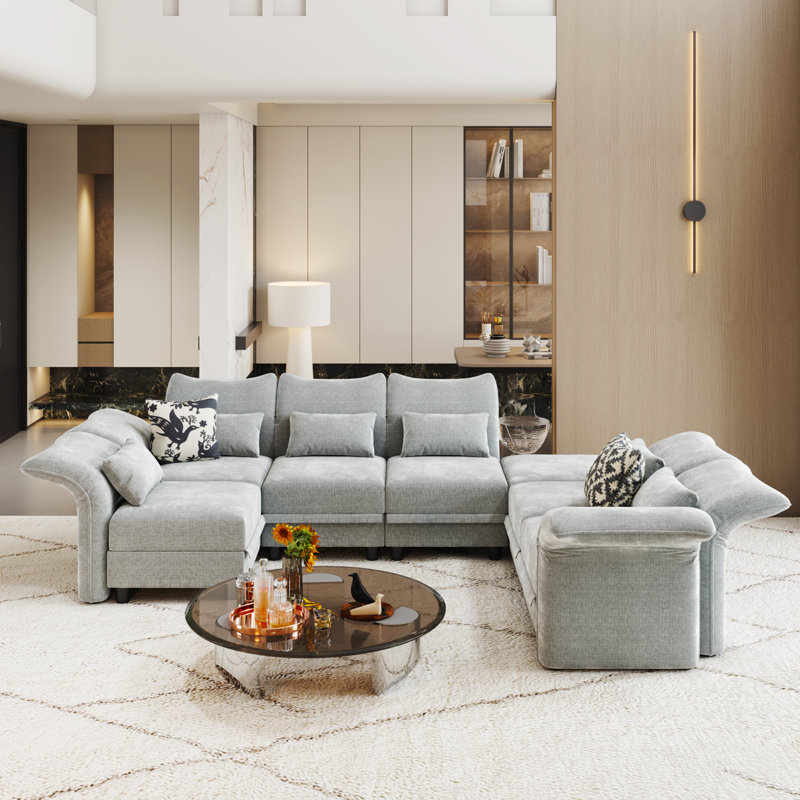 Caraline Upholstered Reclining Sectional Reversible, Light Gray Microfiber/Microsuede
