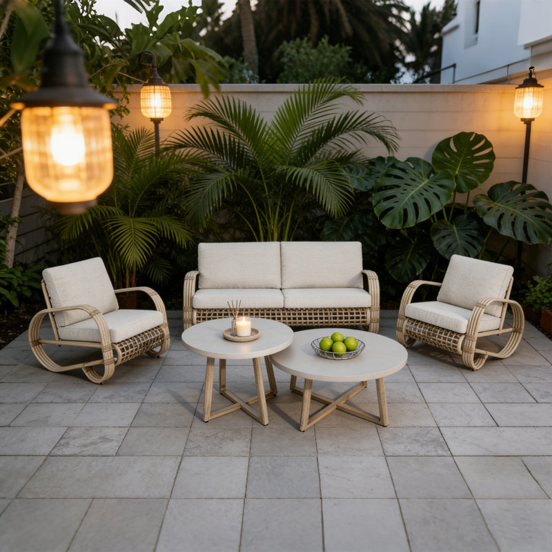 Ensemble de conversation pour 4 personnes avec tables gigognes en béton, 5 pièces: 2 tables, causeuse, 2 chaises