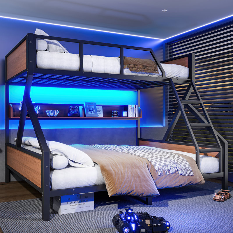 Bunk Bed With Storage Shelves And Lights,metal Bunk Bed For Adults & Teens, Noise-free, Space-saving Frame, No Box Spring Needed, Black