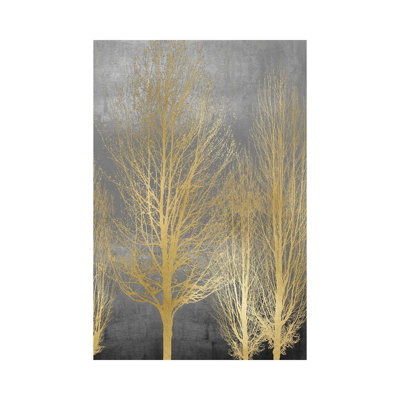 Gold Trees On Grey Panel II by Kate Bennett - Wrapped Canvas Painting