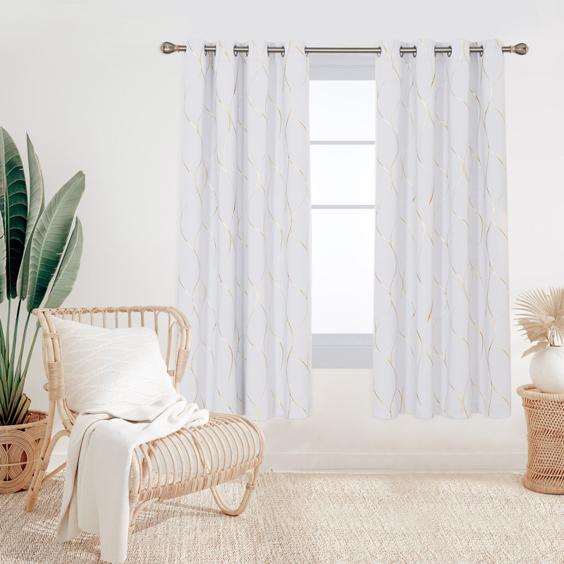 Grayish White-Gold Wave Blackout Grommet Curtains, 52x84 Inch, 2 Panels