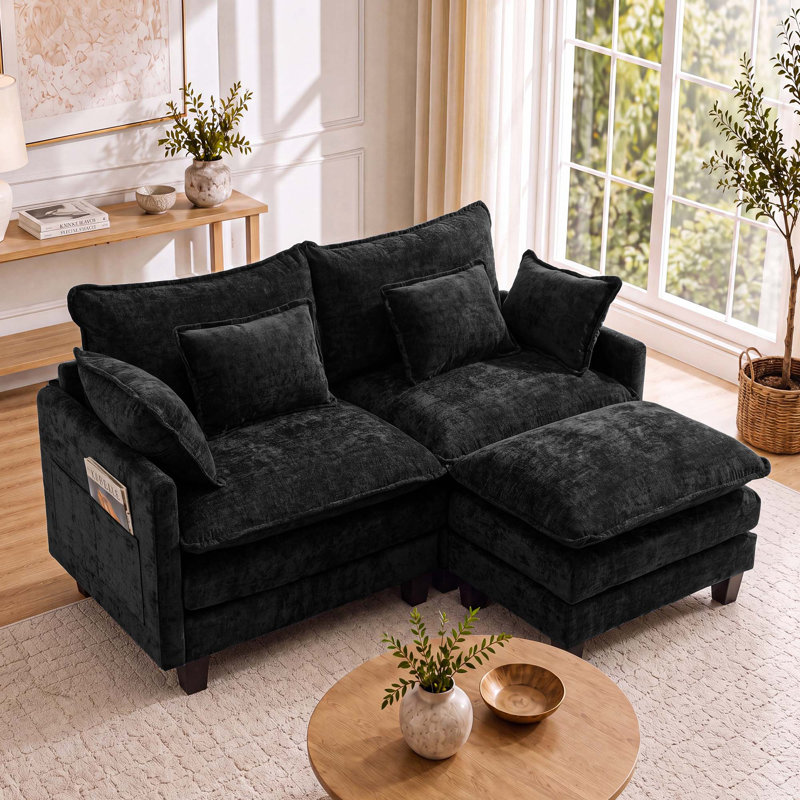 Canapé modulaire en chenille 3 pièces avec coussins de siège à deux couches, quatre coussins et un repose-pieds