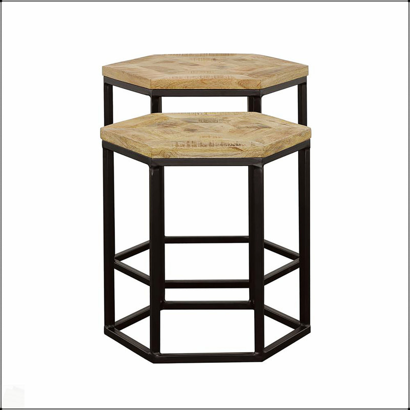 Natural And Black 2-Piece Hexagonal Nesting Table Set, Space-Saving And Stylish For Modern Interiors