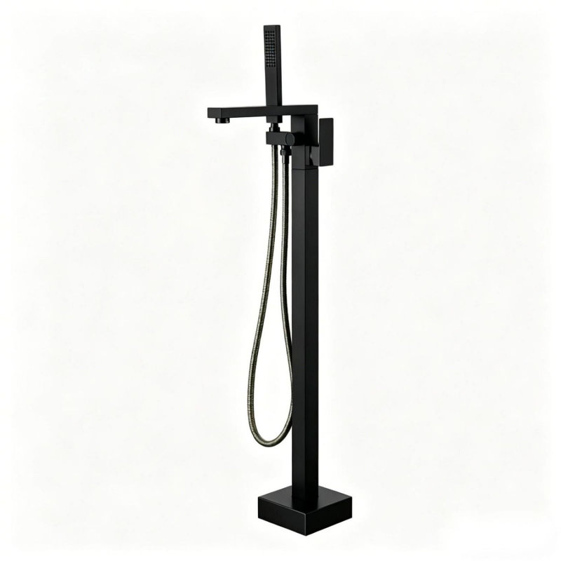 Robinet de baignoire autoportant à fixation au sol avec douche à main, Noir mat